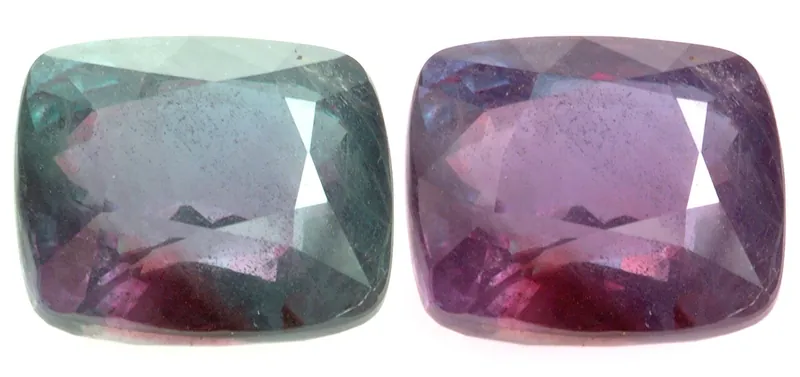 An alexandrite shown twice, green in daylight and red under incandescent light