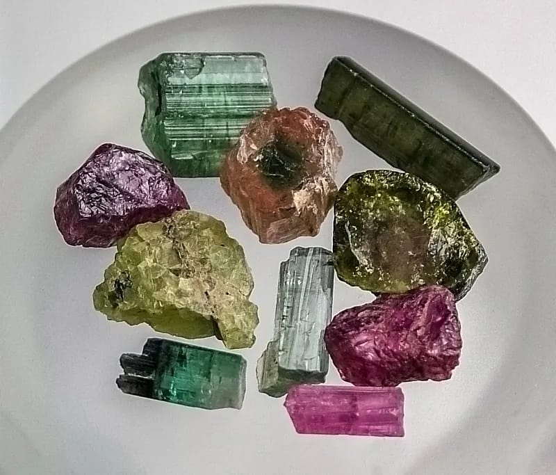 Several tourmaline crystals in different colours